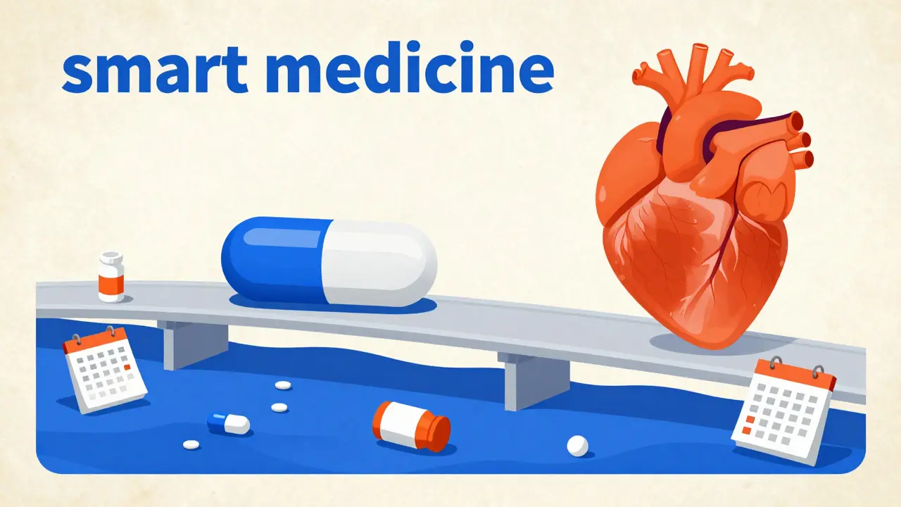 A single pill acting as a bridge over a sea of bottles toward a stylized heart, representing medical solutions.