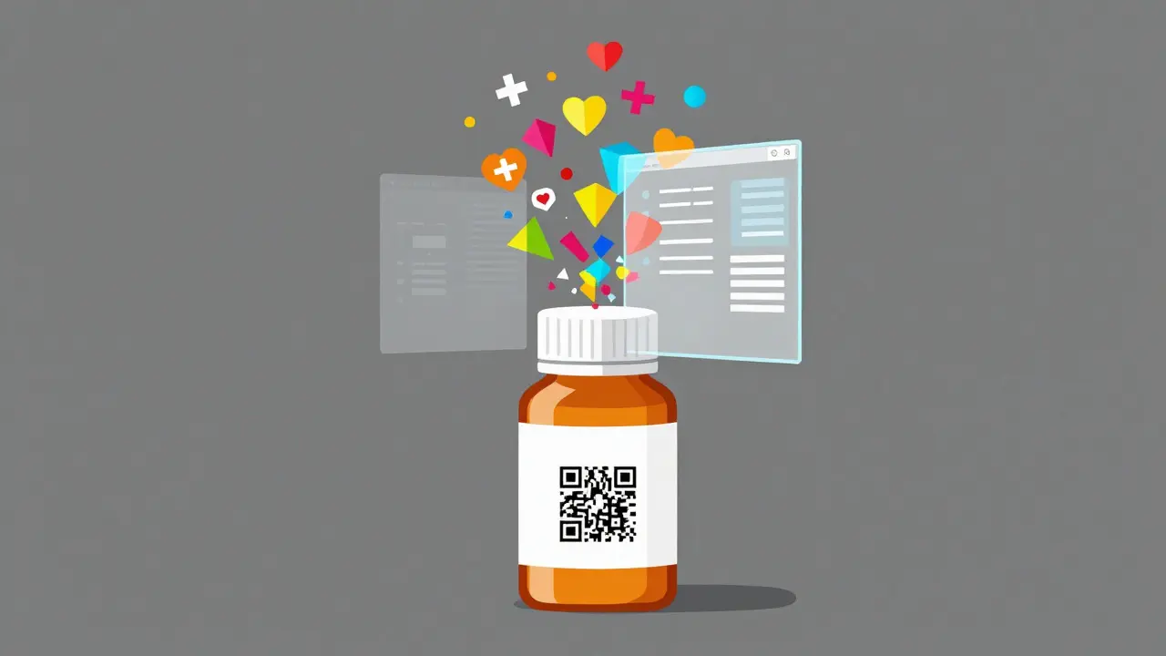 Abstract data shapes emerging from a medication bottle's QR code in a graphic art style.