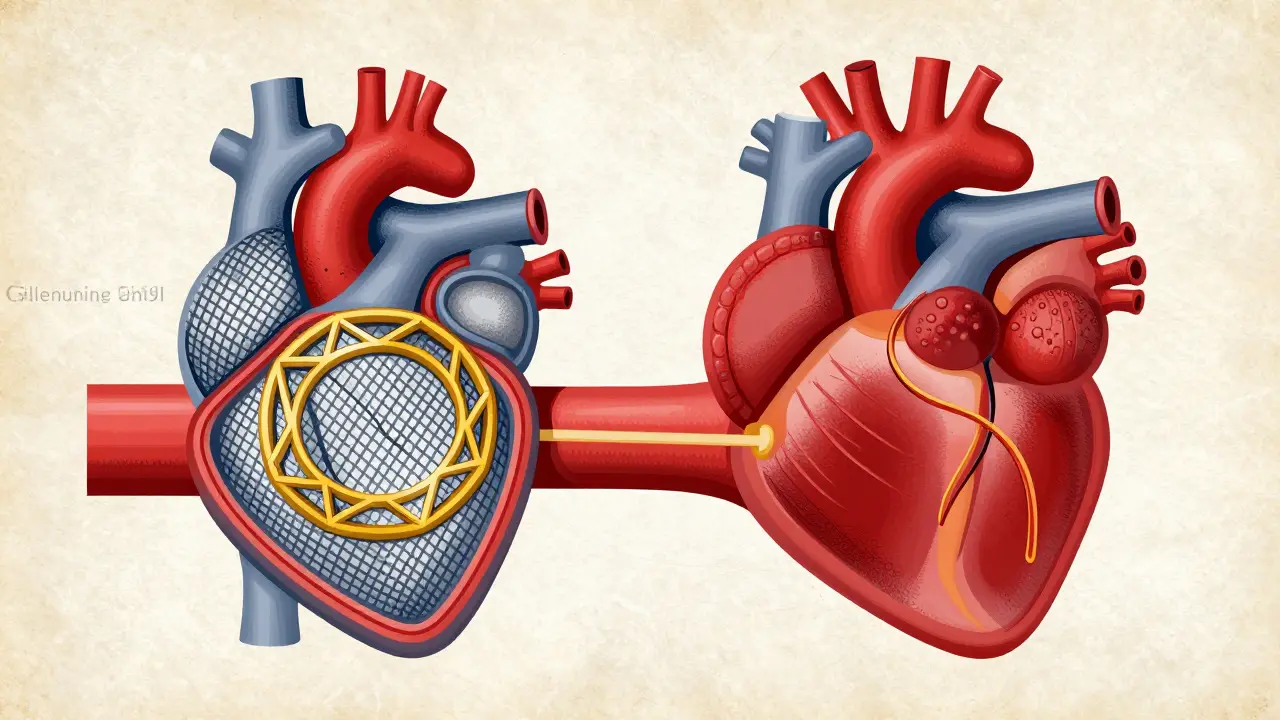 Abstract illustration of a heart stent and a bypass graft using bold colors and flat shapes.