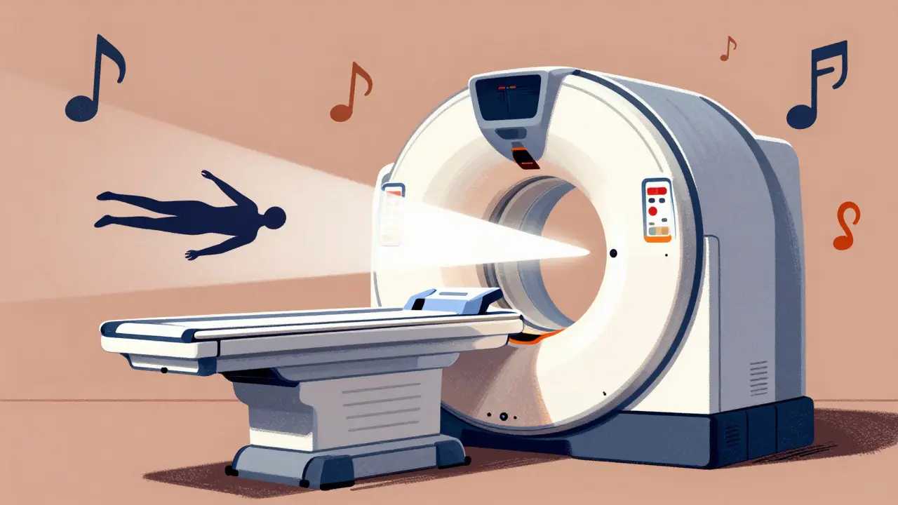 Abstract Polish Poster art of a person undergoing a CT scan with graphic numbers and bold shapes.