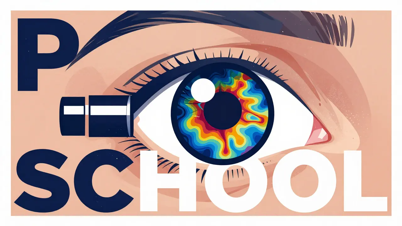 Abstract view of a skin lesion through a dermoscope lens in a graphic Polish Poster style.