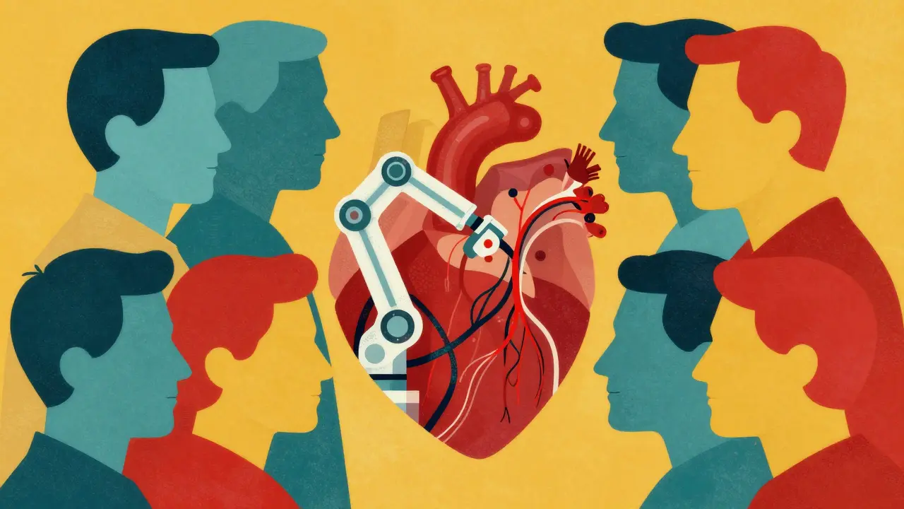Conceptual art of a medical team forming a heart shape with robotic surgical elements.