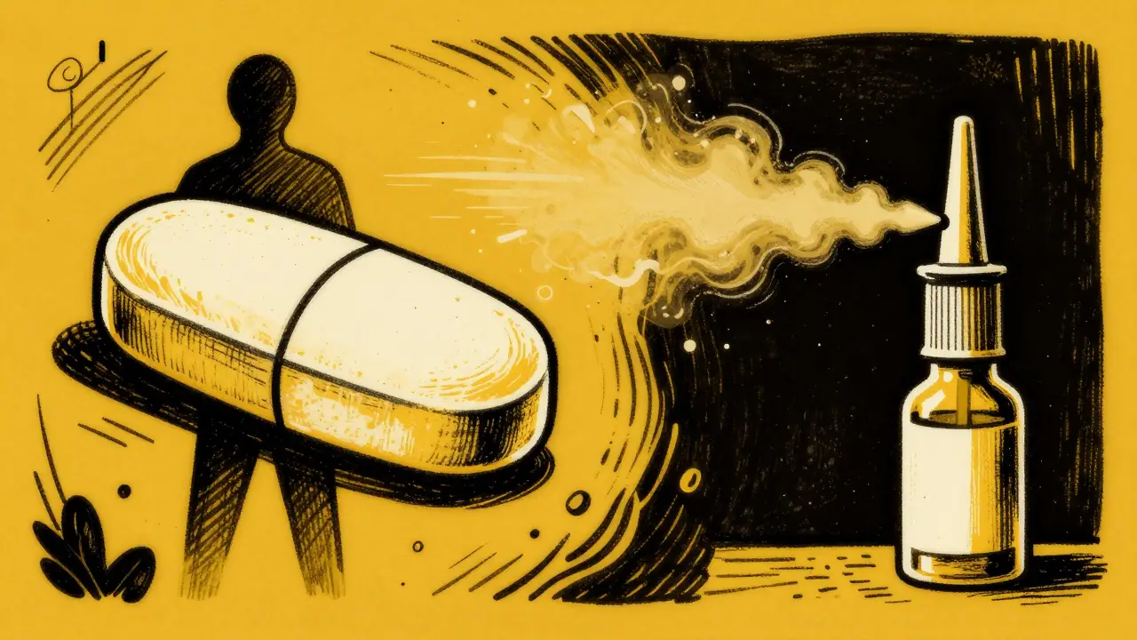 Graphic illustration comparing the systemic effect of a pill versus a local nasal spray using bold colors.