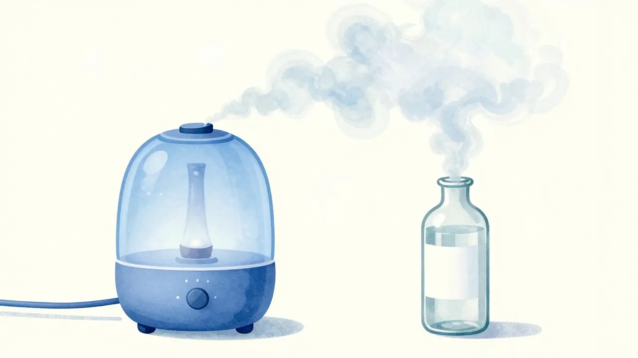 Minimalist illustration of a humidifier and saline spray symbolizing safe respiratory relief.
