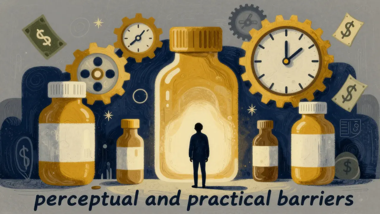 Small figure facing a wall of giant medicine bottles and clocks, representing barriers to healthcare.