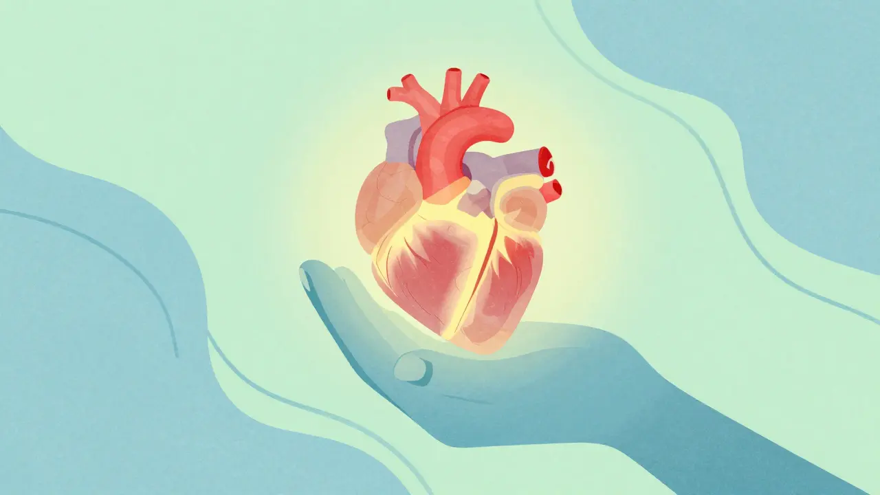 Stylized image of a hand protecting a glowing organ, symbolizing recovery and stability.