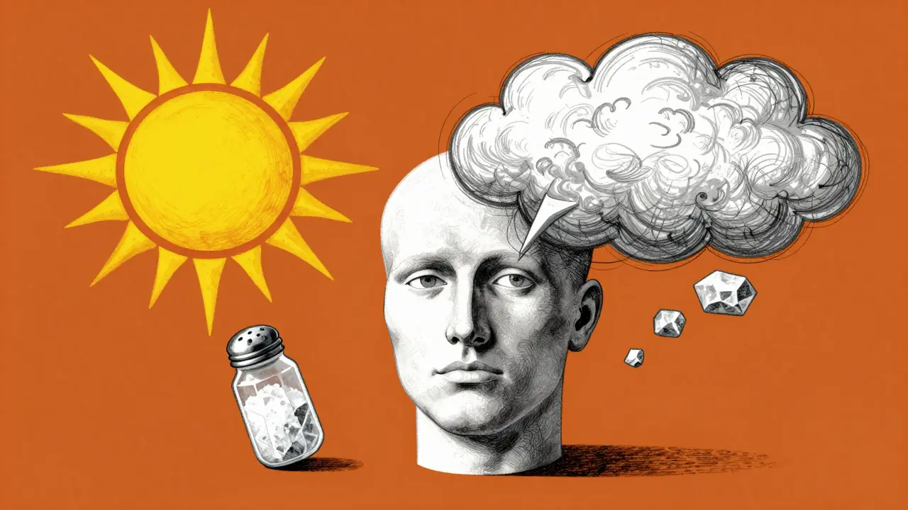 Surreal graphic showing a sun, salt, and stress clouds as autoimmune triggers.