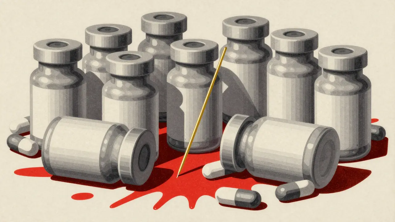 Symbolic comparison between a slender acupuncture needle and a pile of pharmaceutical pills.